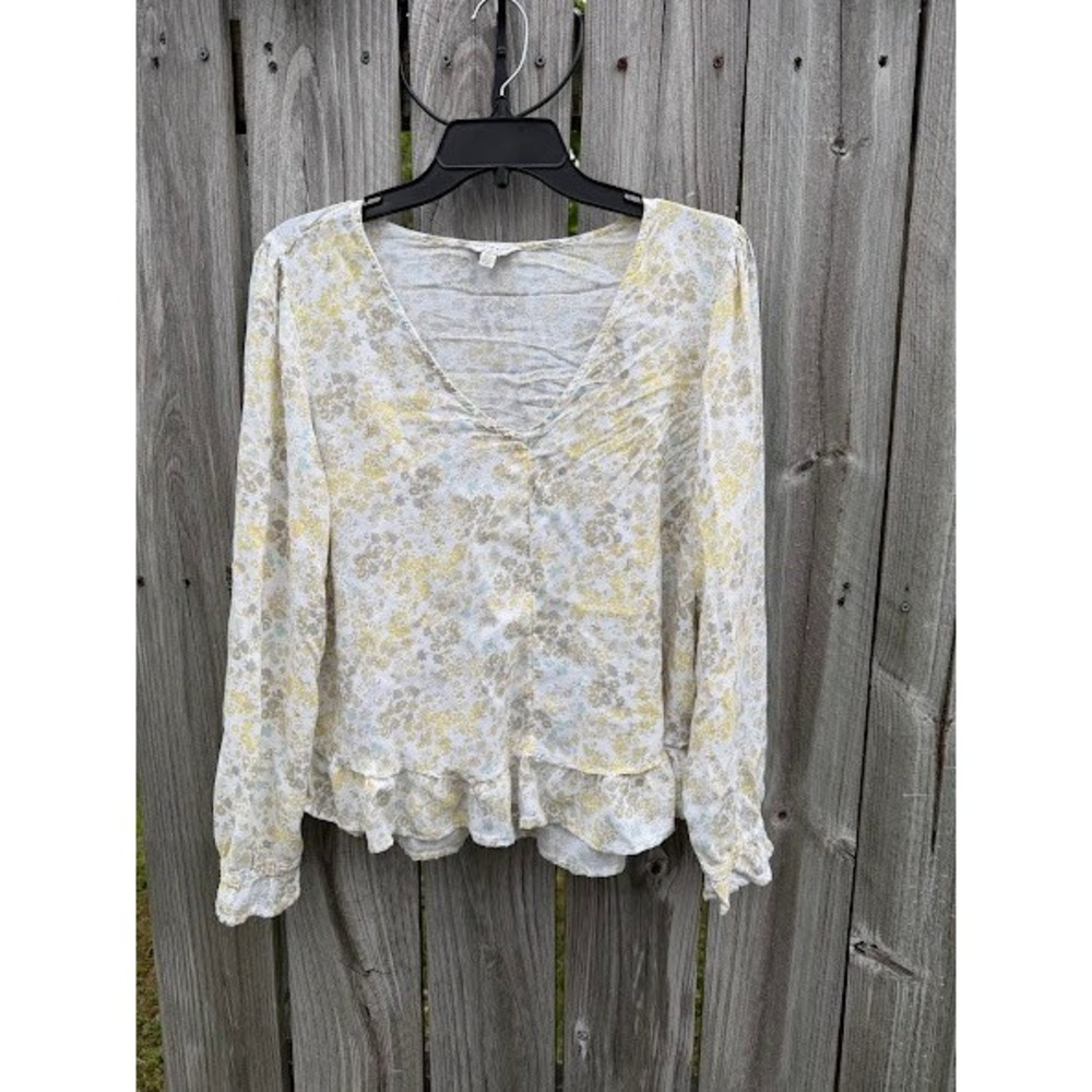 Cottagecore Boho Lucky Brand Floral Ruffle Blouse Womens Large Yellow White